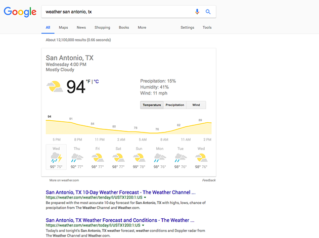Google Weather featured snippet